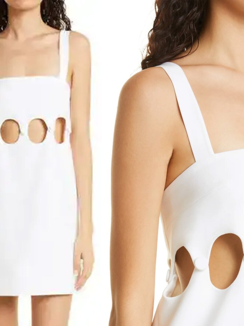 ALEXIS BARING CUTOUT WHITE MINI DRESS COVERED BUTTONS SQUARE NECK SMALL S RETRO